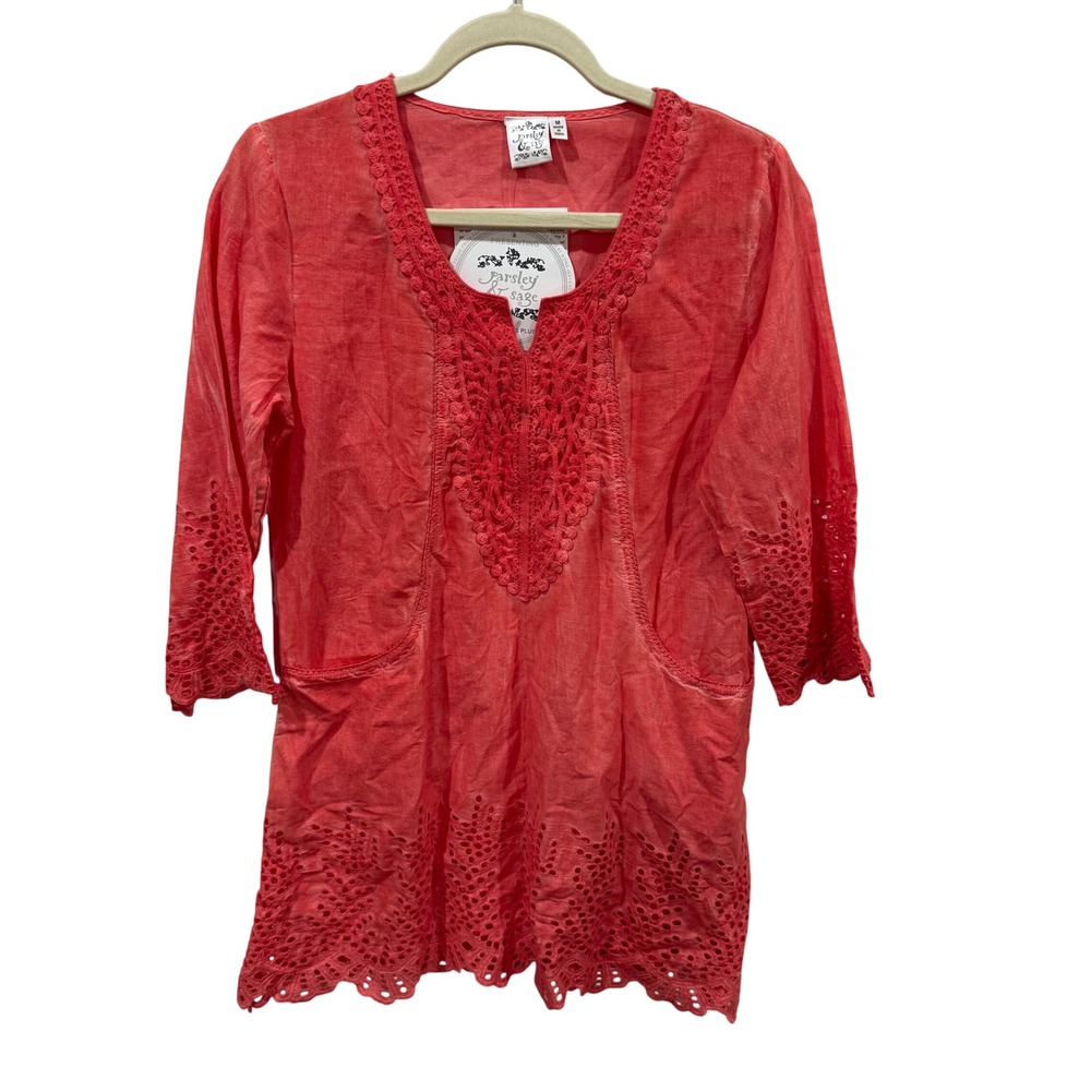 Parsley &Sage Women Coral Orange Cotton Eyelet Crochet Lace Tunic Top Medium NWT
